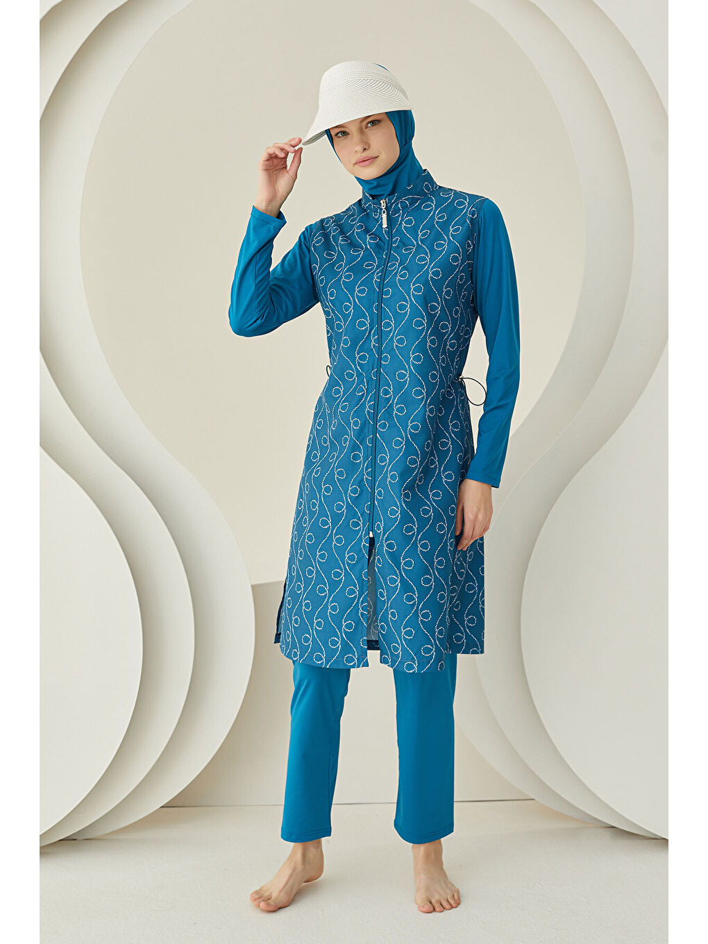 Petrol İp Desenli Dokuma Tesettür Mayo-1