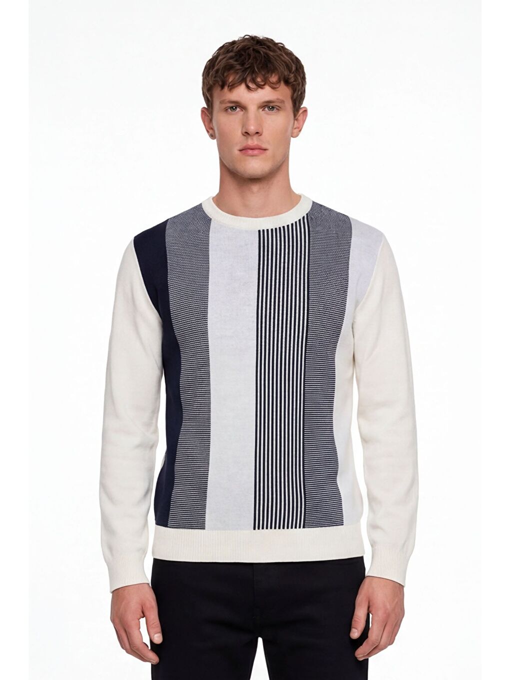 Beyaz Erkek Kemik Normal Kesim Regular Fit Yünlü Dokuma Bisiklet Yaka Triko Kazak