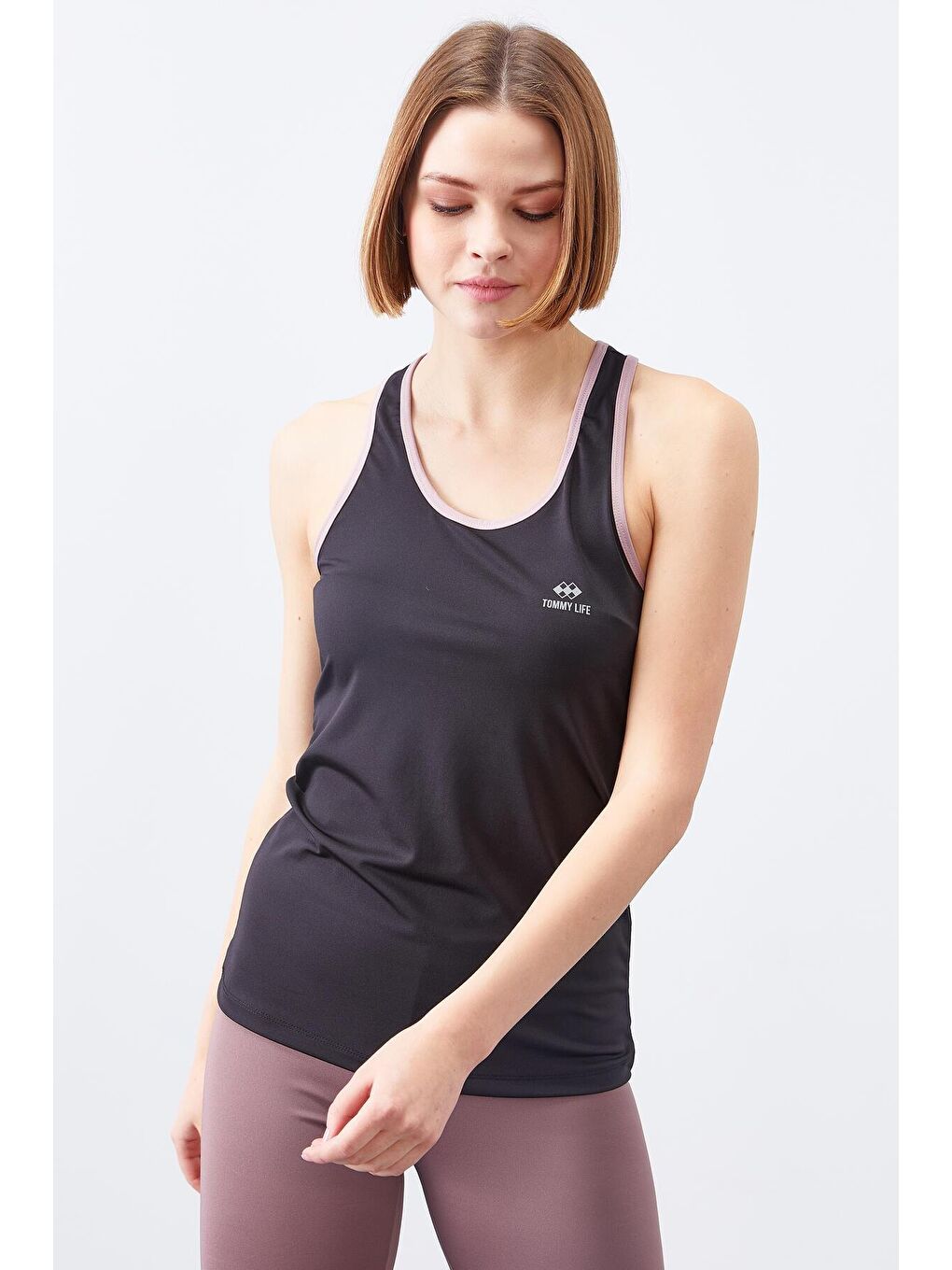 Siyah - Gül Kurusu Çapraz Askılı Kolsuz Standart Kalıp Kadın Spor Atlet - 97094