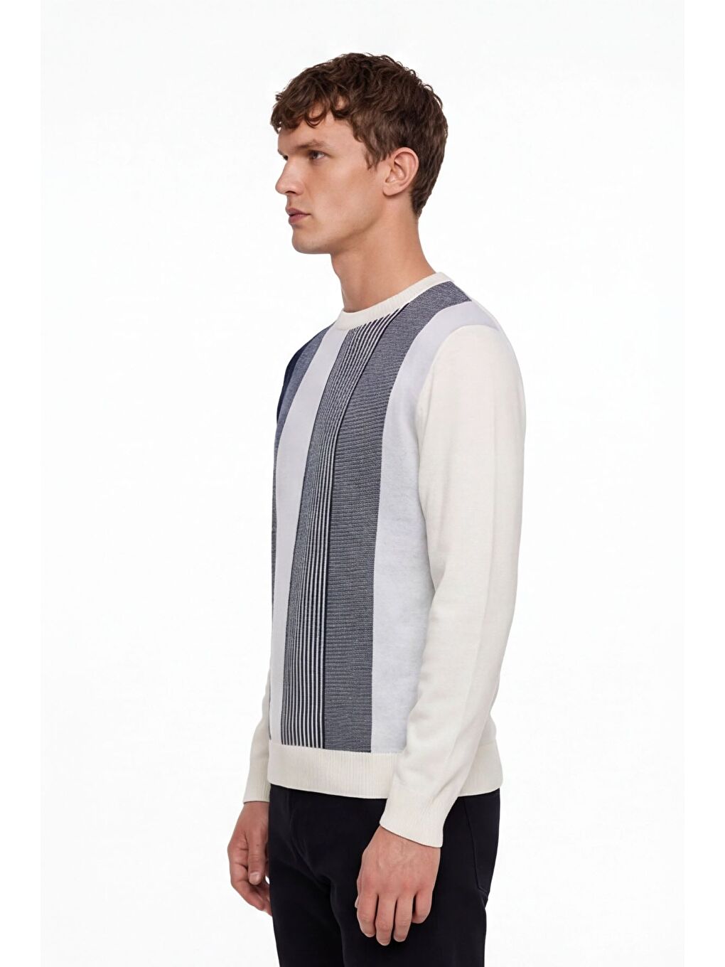 Beyaz Erkek Kemik Normal Kesim Regular Fit Yünlü Dokuma Bisiklet Yaka Triko Kazak-2