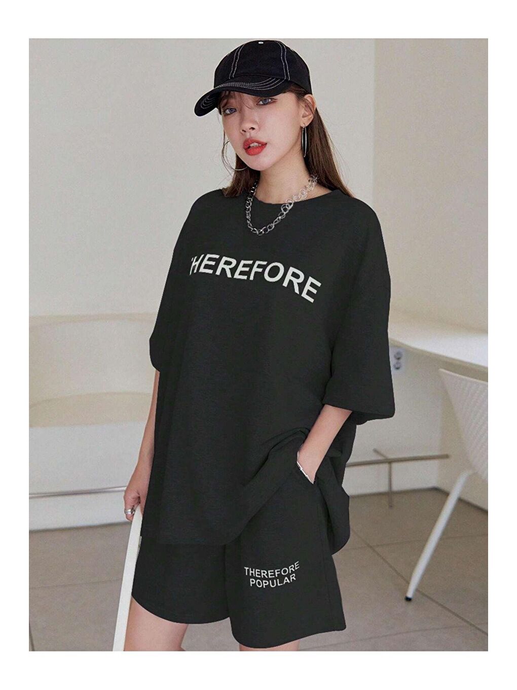 Trendseninle Siyah Kadın Siyah Therefore Baskılı Oversize Şortlu Takım