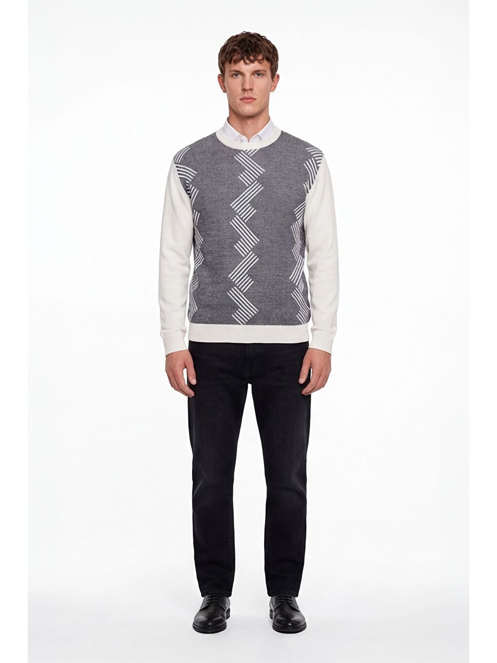 Beyaz Erkek Kemik Normal Kesim Regular Fit Yünlü Desenli Bisiklet Yaka Triko Kazak-1