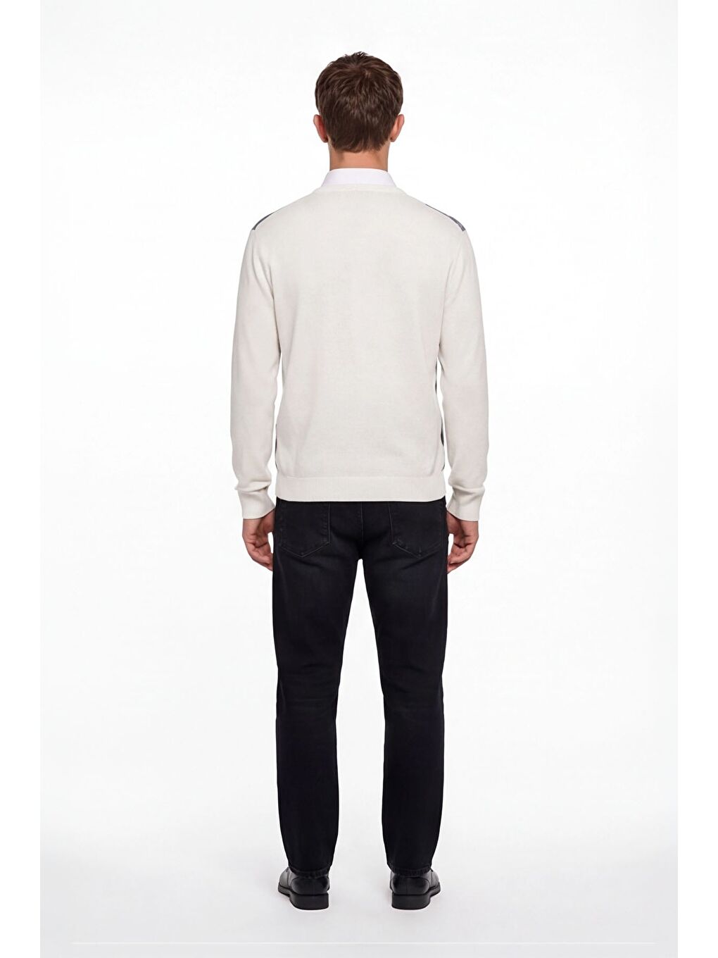 Beyaz Erkek Kemik Normal Kesim Regular Fit Yünlü Desenli Bisiklet Yaka Triko Kazak-3