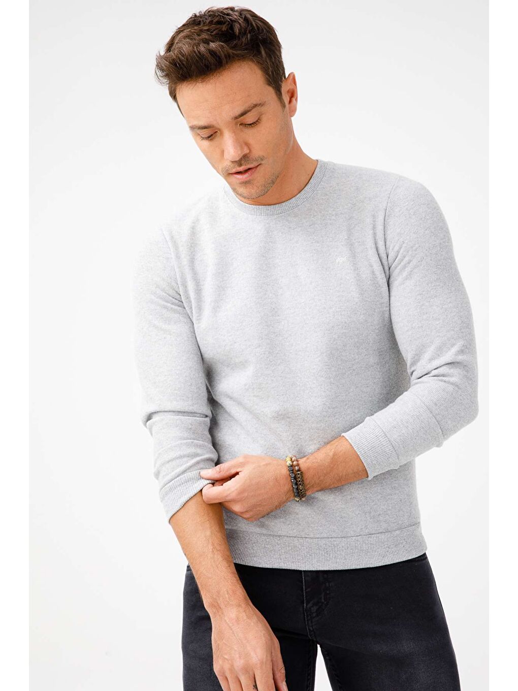 Gri Regular Fit Rahat Kalıp Bisiklet Yaka Düz Uzun Kollu Triko-2