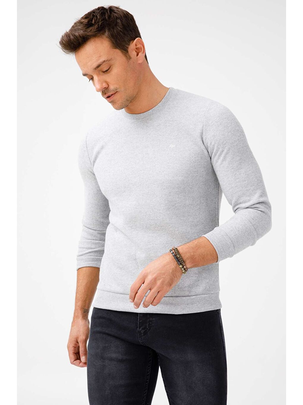 Gri Regular Fit Rahat Kalıp Bisiklet Yaka Düz Uzun Kollu Triko-3