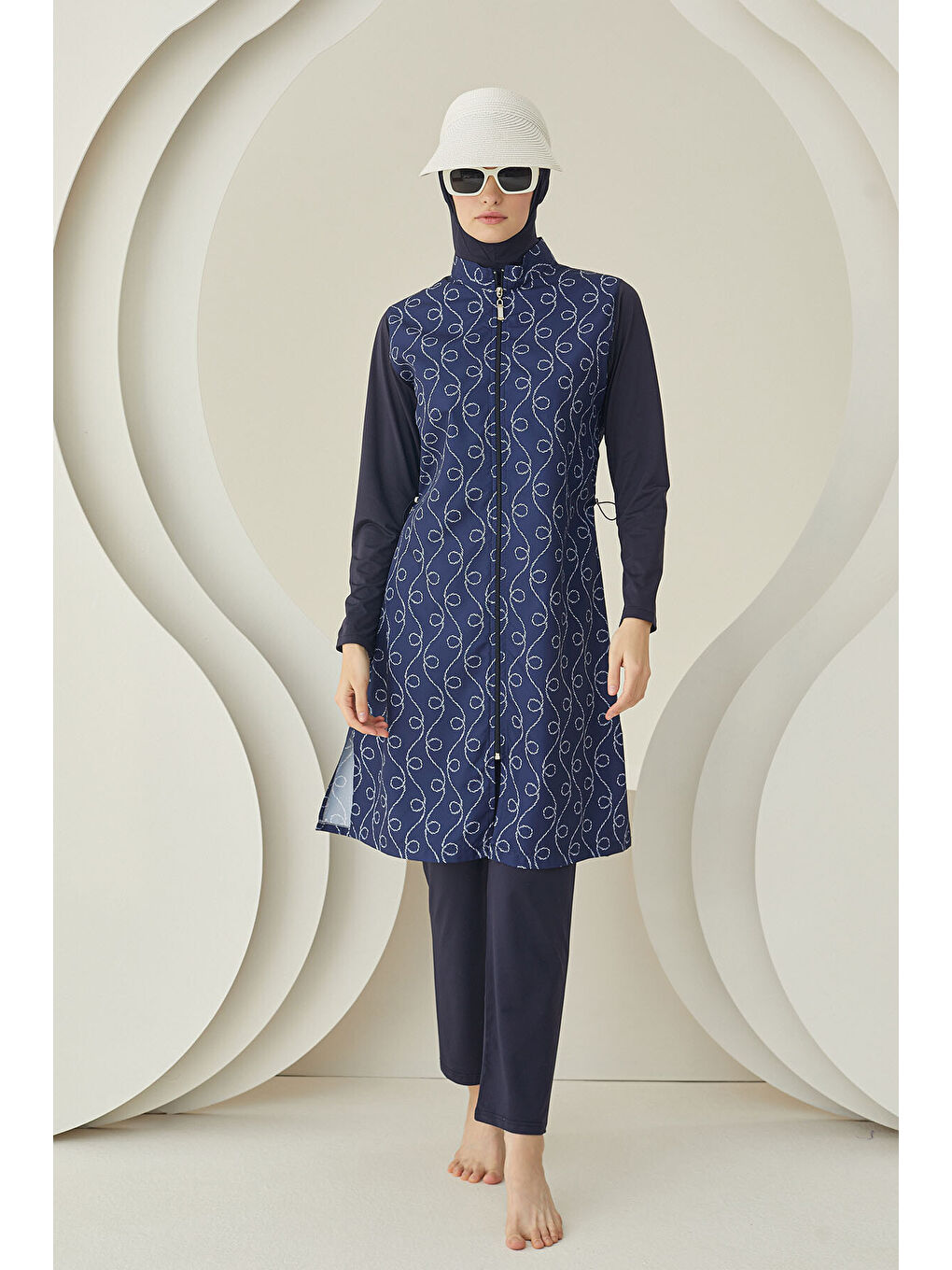 Lacivert İp Desenli Dokuma Tesettür Mayo