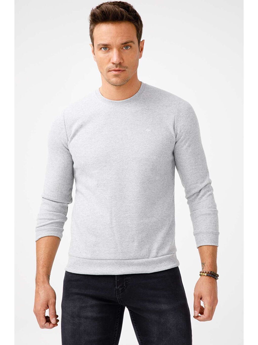 Gri Regular Fit Rahat Kalıp Bisiklet Yaka Düz Uzun Kollu Triko-4