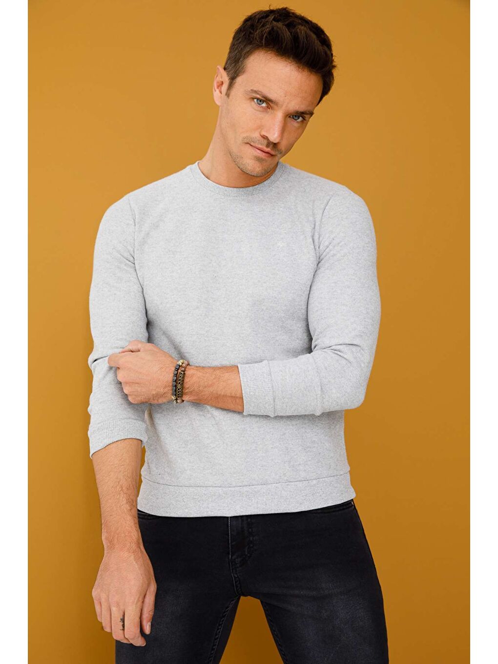 Gri Regular Fit Rahat Kalıp Bisiklet Yaka Düz Uzun Kollu Triko-5