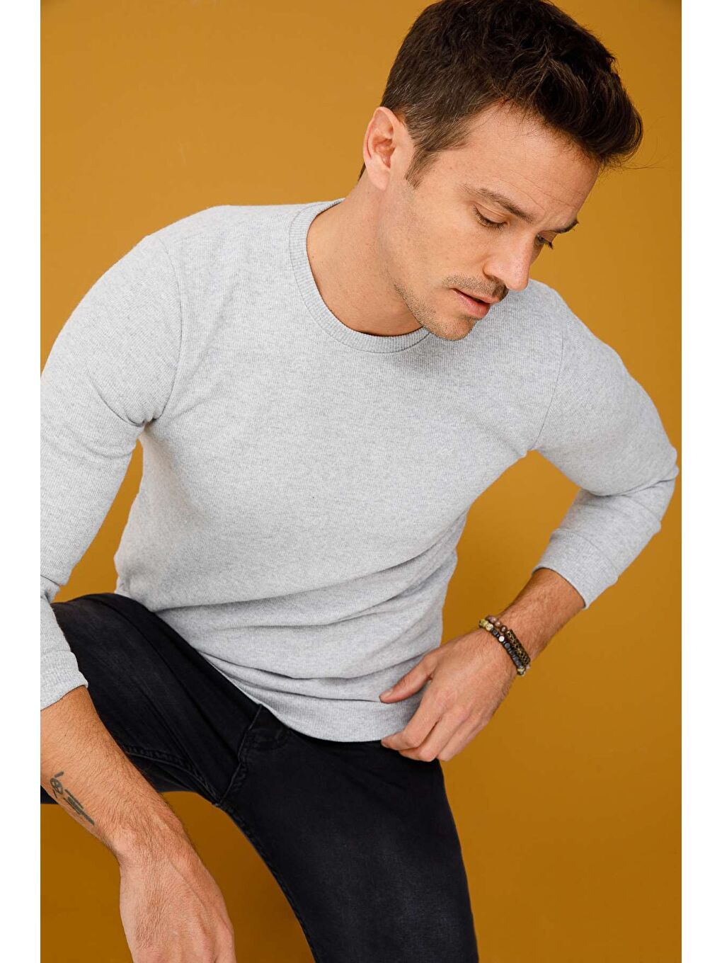 Gri Regular Fit Rahat Kalıp Bisiklet Yaka Düz Uzun Kollu Triko-6