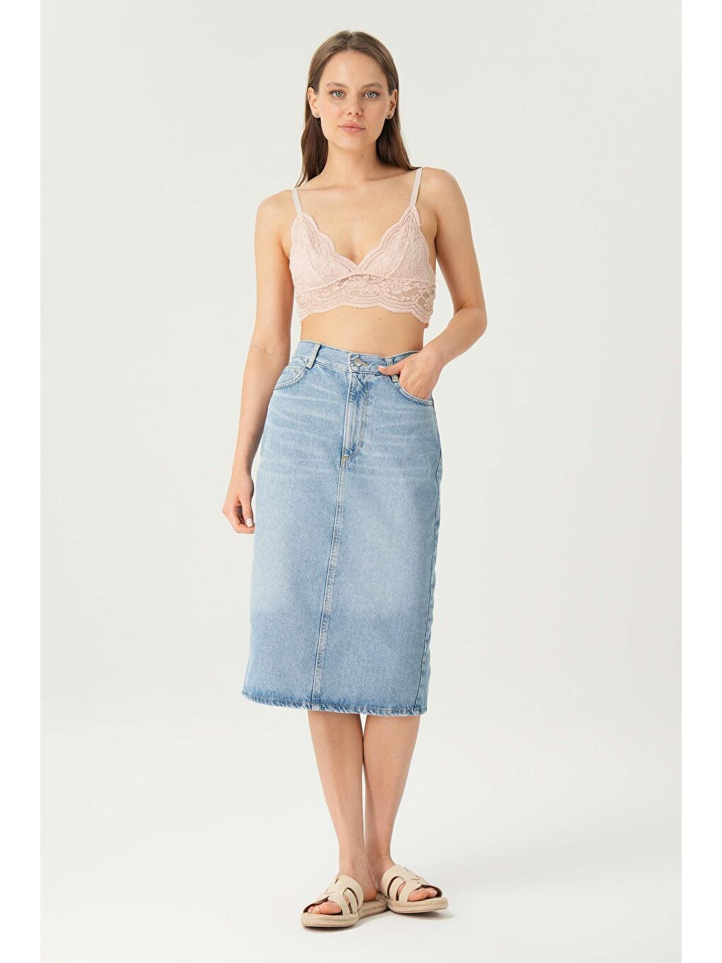 Açık Mavi Yüksek Bel Patı Fermuarlı Yırtmaçlı Midi Jean Etek C 4532-053