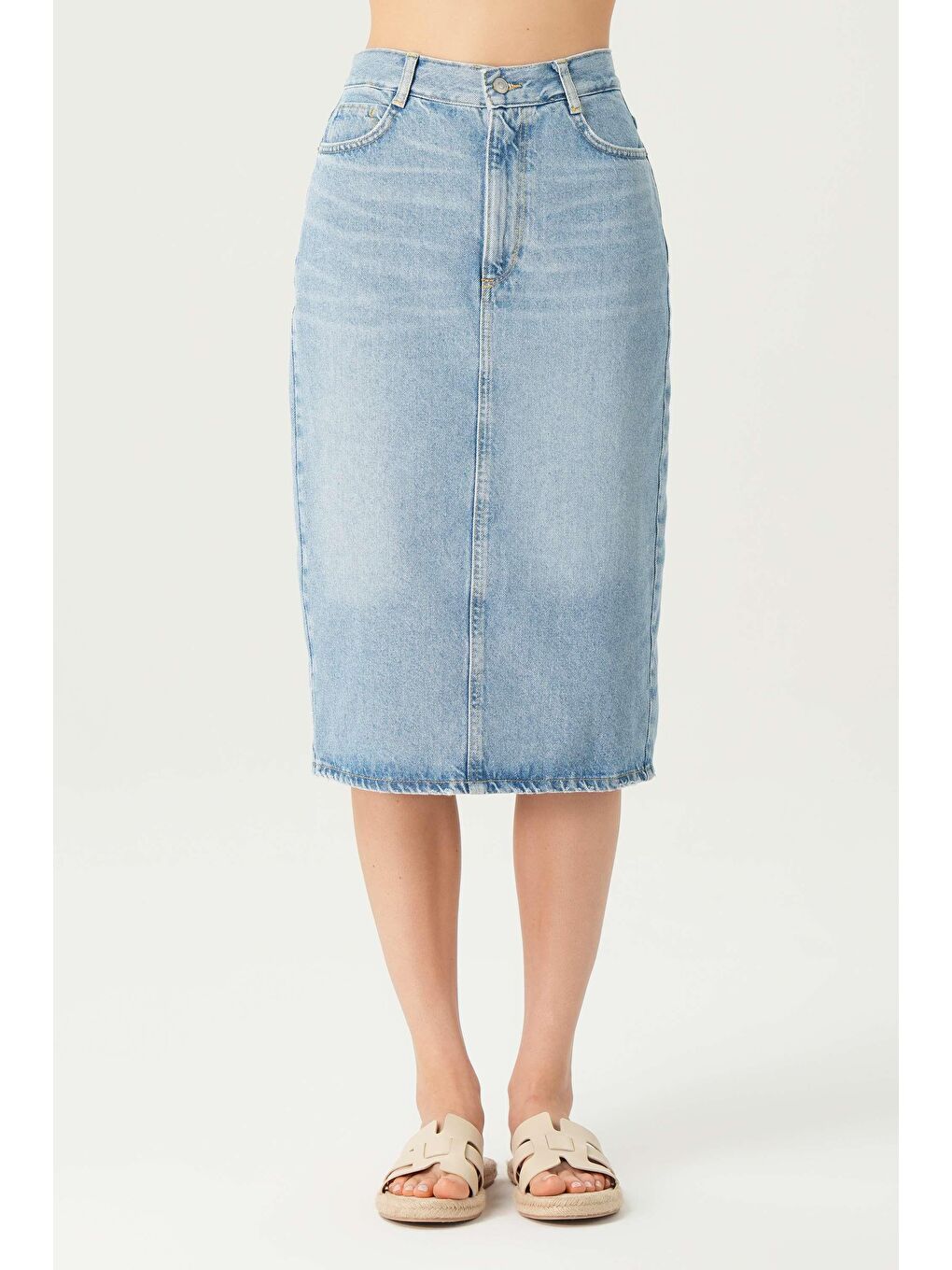 Açık Mavi Yüksek Bel Patı Fermuarlı Yırtmaçlı Midi Jean Etek C 4532-053-1
