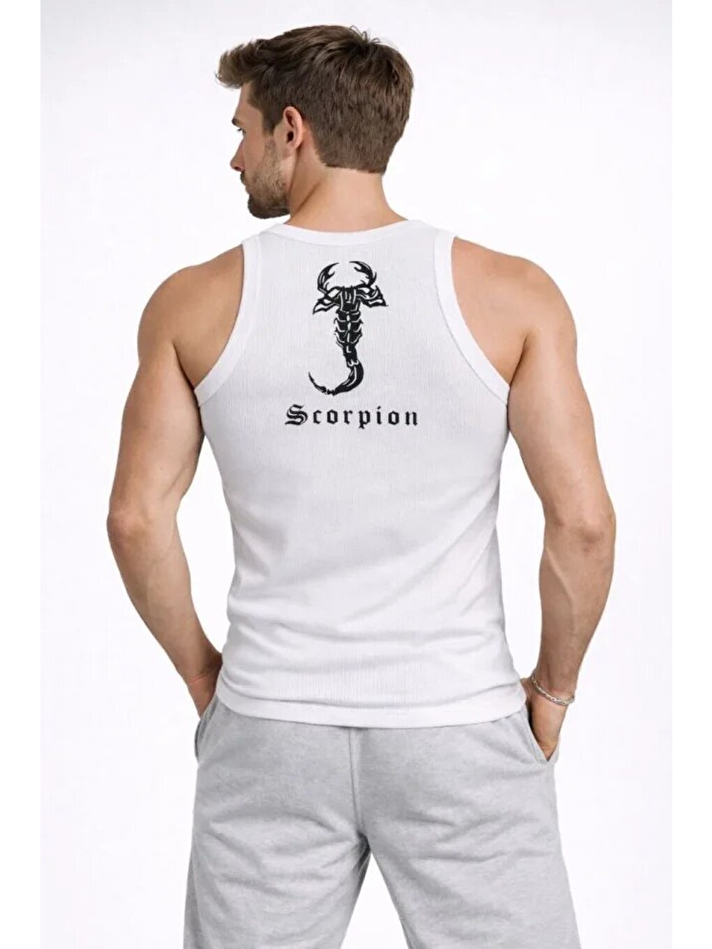 Erkek Fitilli Atlet Sıfır Yaka Slim Fit Arka Baskılı Spor Atlet - Beyaz