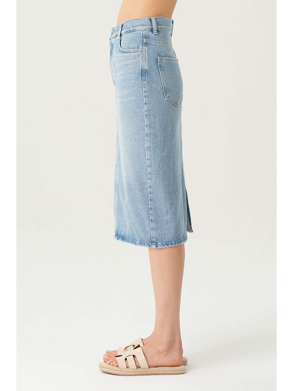 Açık Mavi Yüksek Bel Patı Fermuarlı Yırtmaçlı Midi Jean Etek C 4532-053-2