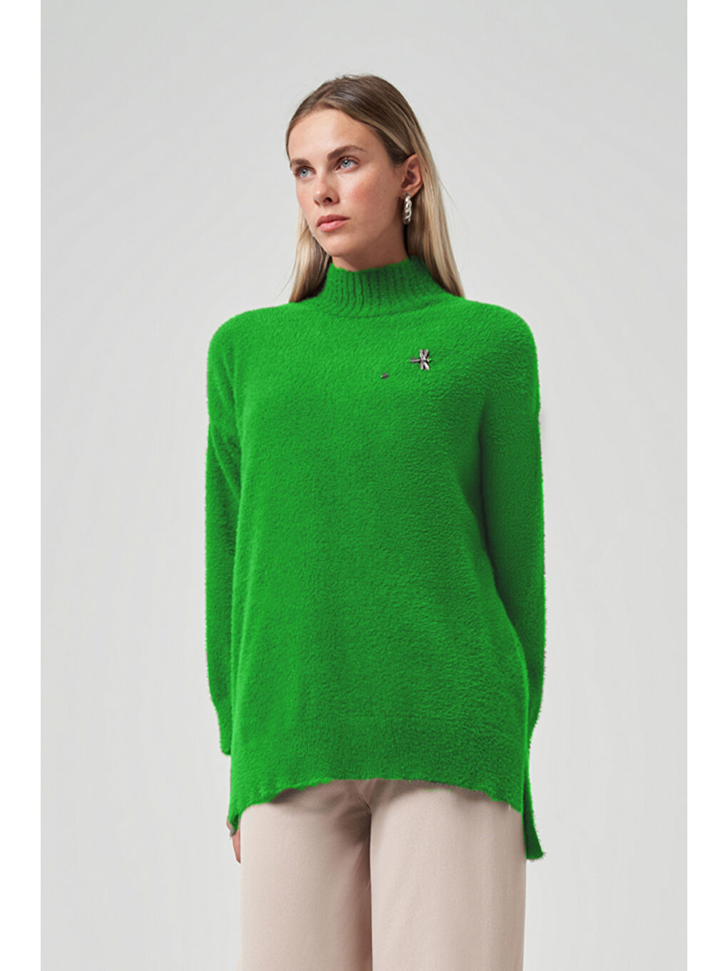 Yeşil Angora Kazak Çıkartılabilir Broşlu 7000 Benetton