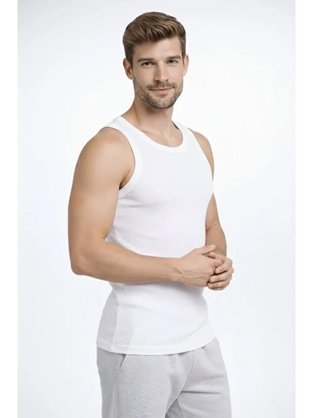 Erkek Fitilli Atlet Sıfır Yaka Slim Fit Arka Baskılı Spor Atlet - Beyaz-1