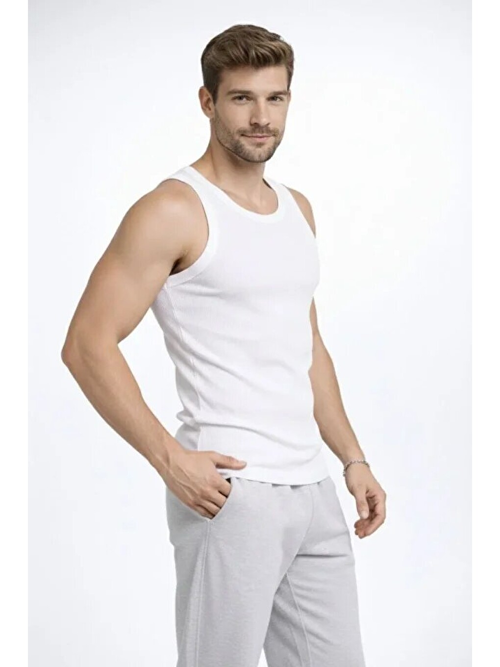 Erkek Fitilli Atlet Sıfır Yaka Slim Fit Arka Baskılı Spor Atlet - Beyaz-2