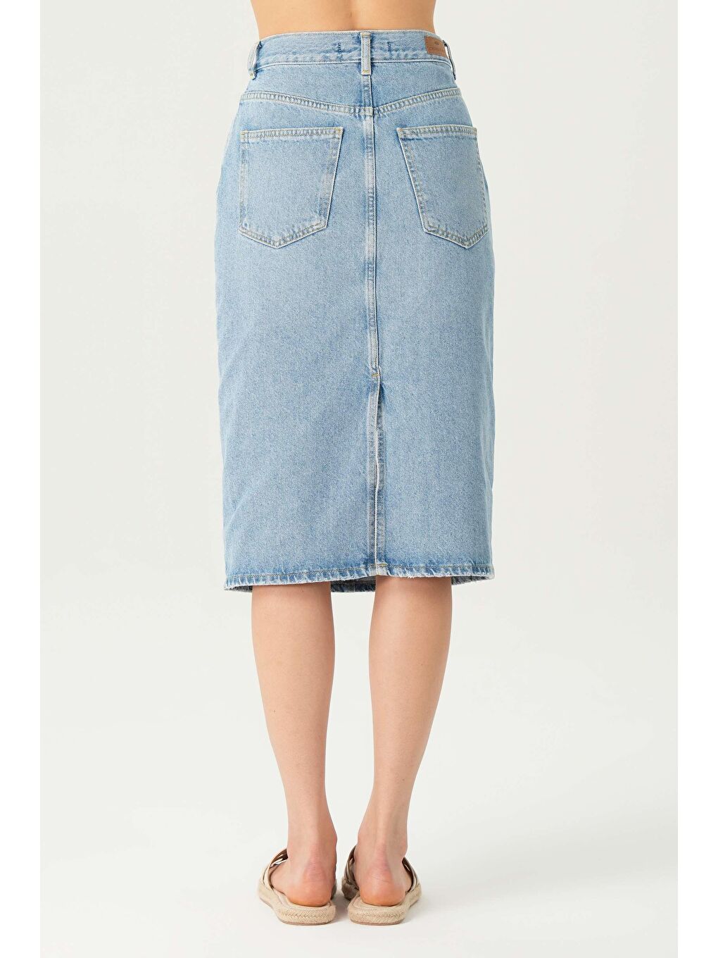 Açık Mavi Yüksek Bel Patı Fermuarlı Yırtmaçlı Midi Jean Etek C 4532-053-3