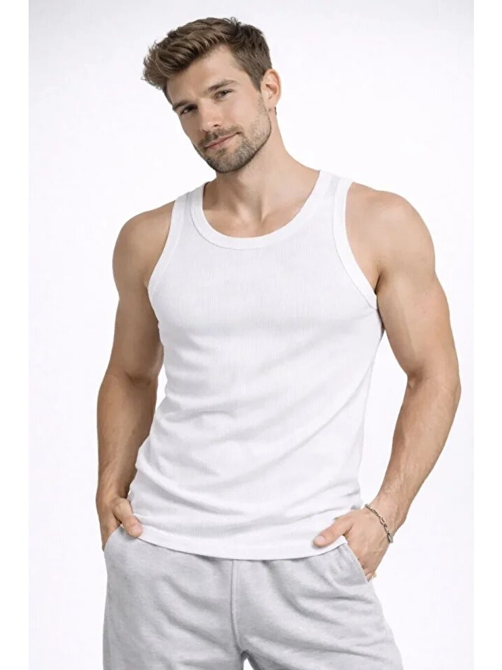 Erkek Fitilli Atlet Sıfır Yaka Slim Fit Arka Baskılı Spor Atlet - Beyaz-3