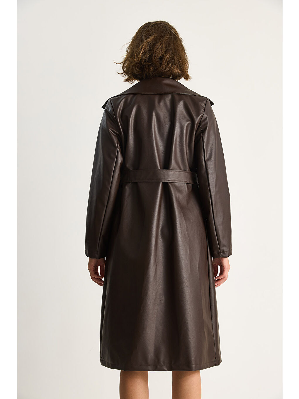 Kahverengi Kadın Kuşaklı Suni Deri Trençkot-6