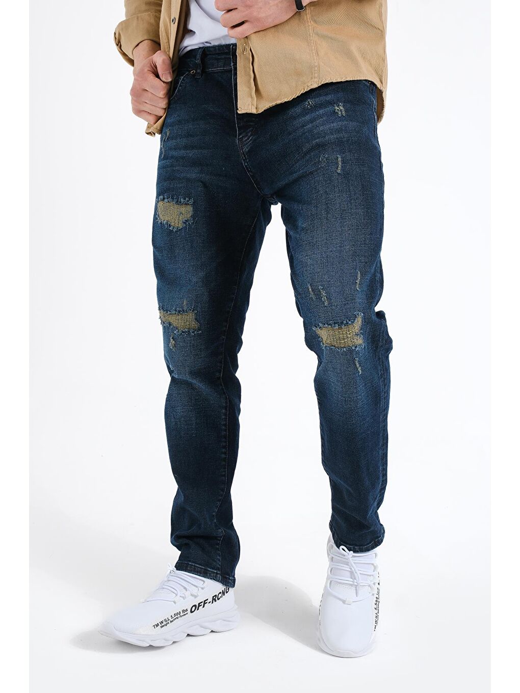 Lacivert Jethro Slim Fit Elastanlı Yıpratmalı Yamalı Erkek Jean Pantolon-2