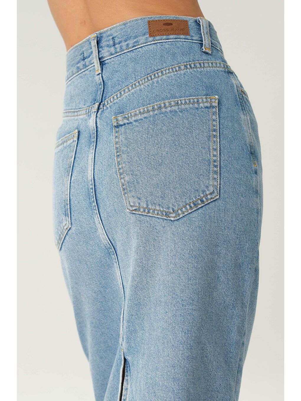 Açık Mavi Yüksek Bel Patı Fermuarlı Yırtmaçlı Midi Jean Etek C 4532-053-4