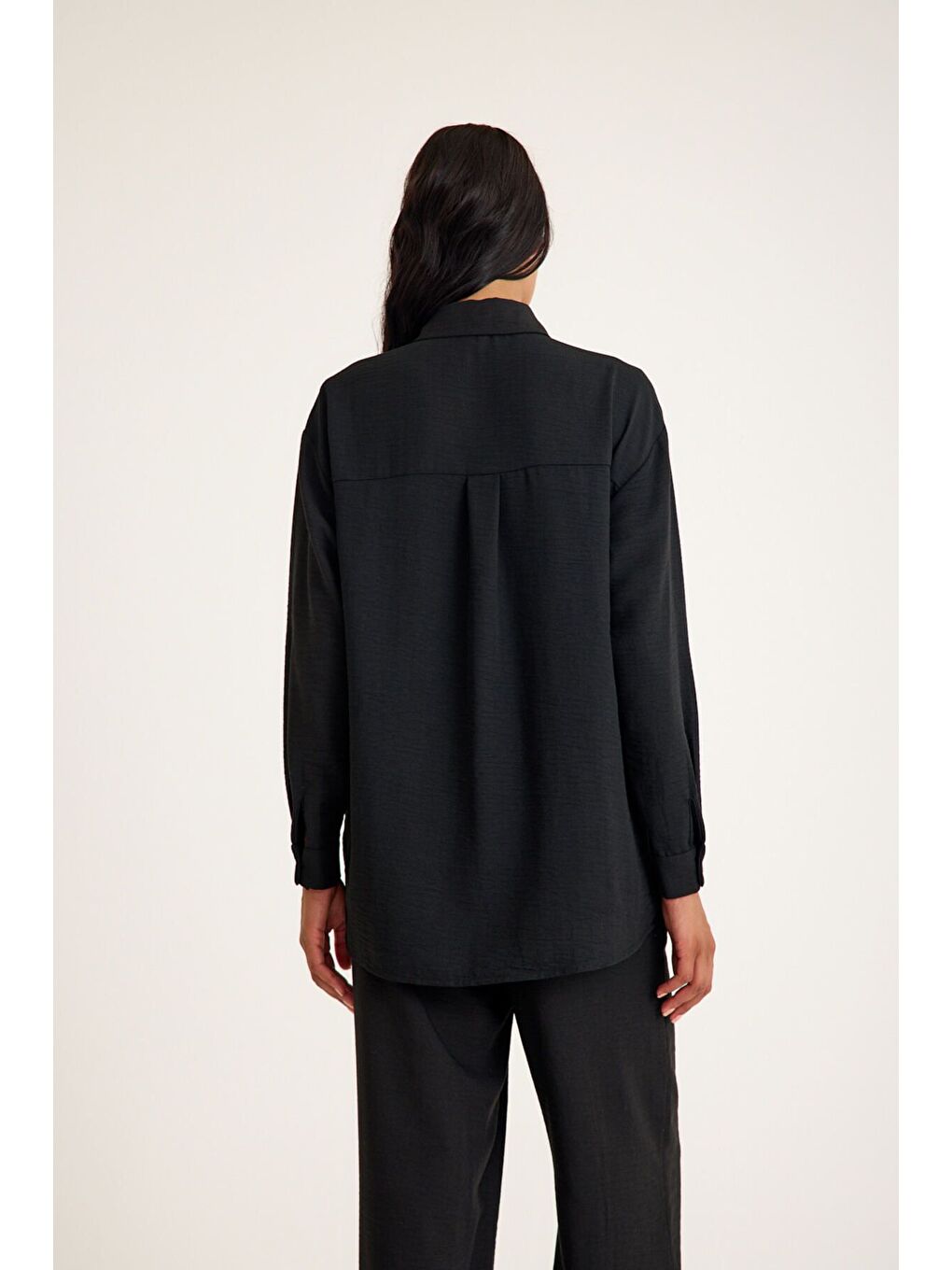 Gömlek Yaka Keten Dokulu Siyah Tunik-2