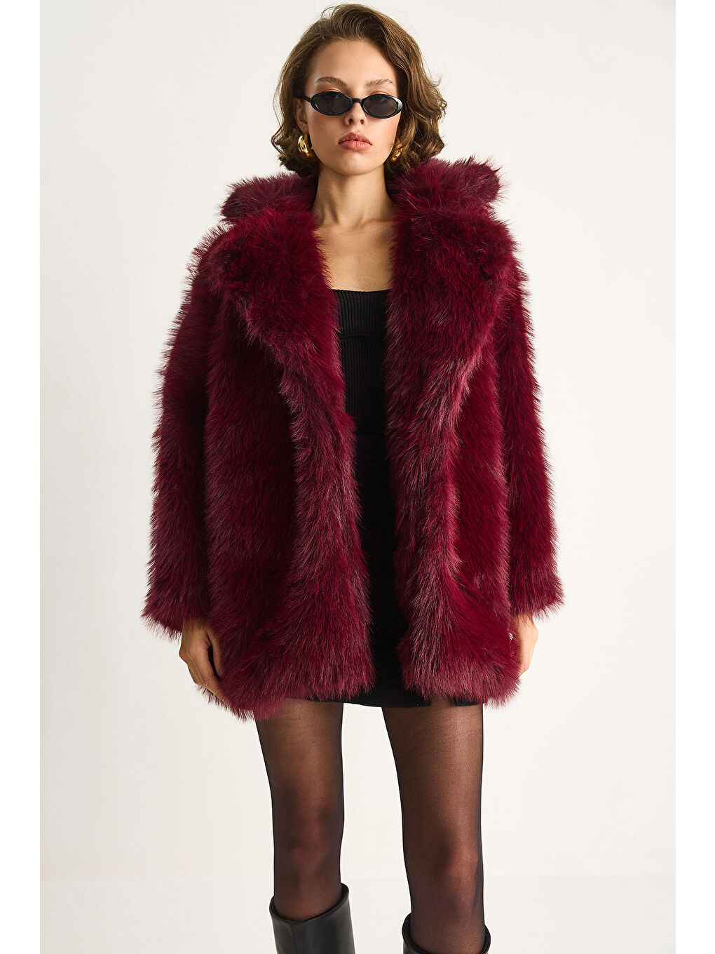 Bordo Kadın Premium Suni Uzun Kürk Ceket-1