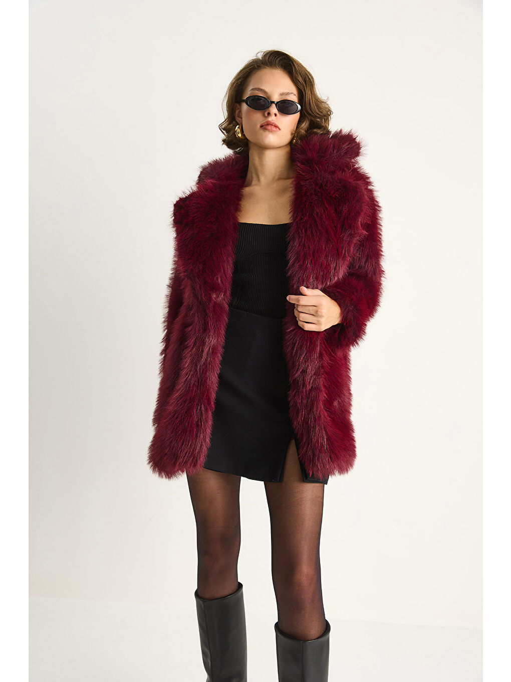 Bordo Kadın Premium Suni Uzun Kürk Ceket-2