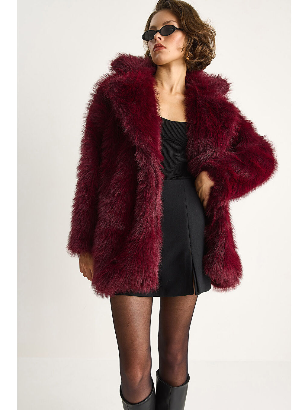 Bordo Kadın Premium Suni Uzun Kürk Ceket-3
