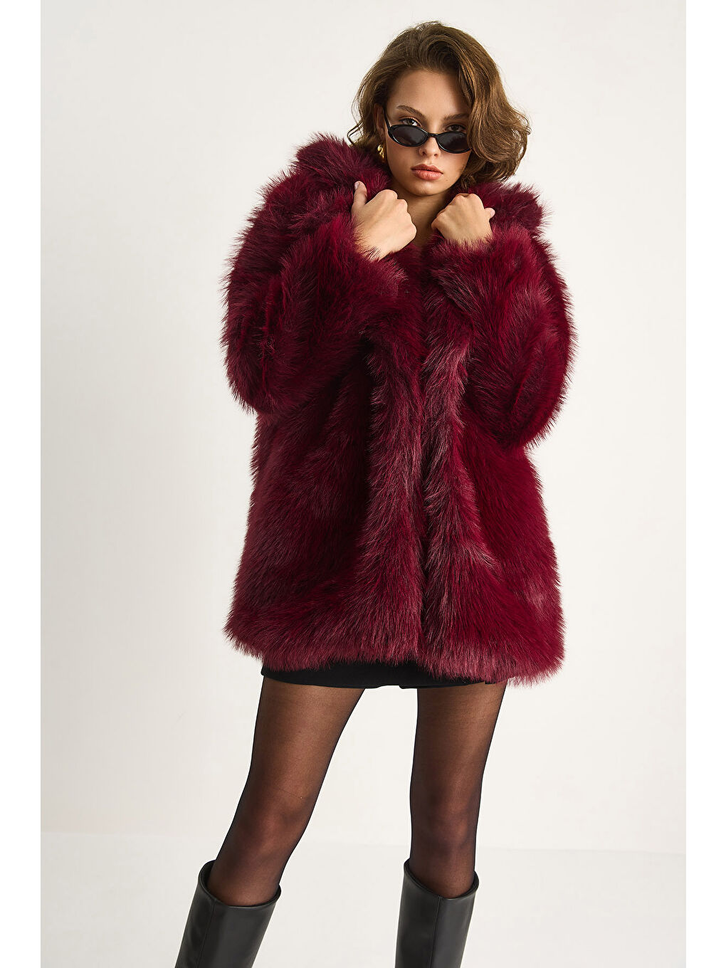 Bordo Kadın Premium Suni Uzun Kürk Ceket-4