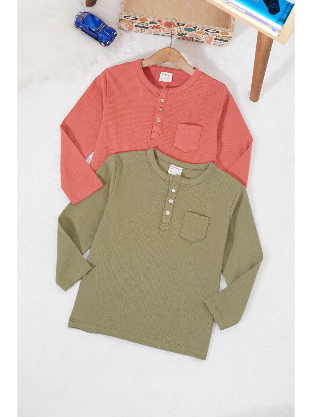 Beyaz Erkek Bebek Düğmeli Yakalı Cepli 2li Sweatshirt Haki-Kiremit 17330