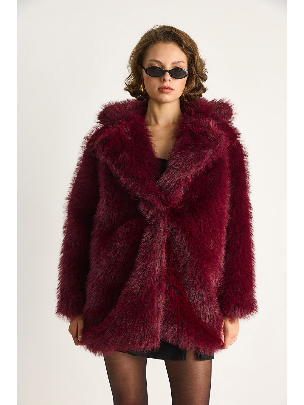 Bordo Kadın Premium Suni Uzun Kürk Ceket-5