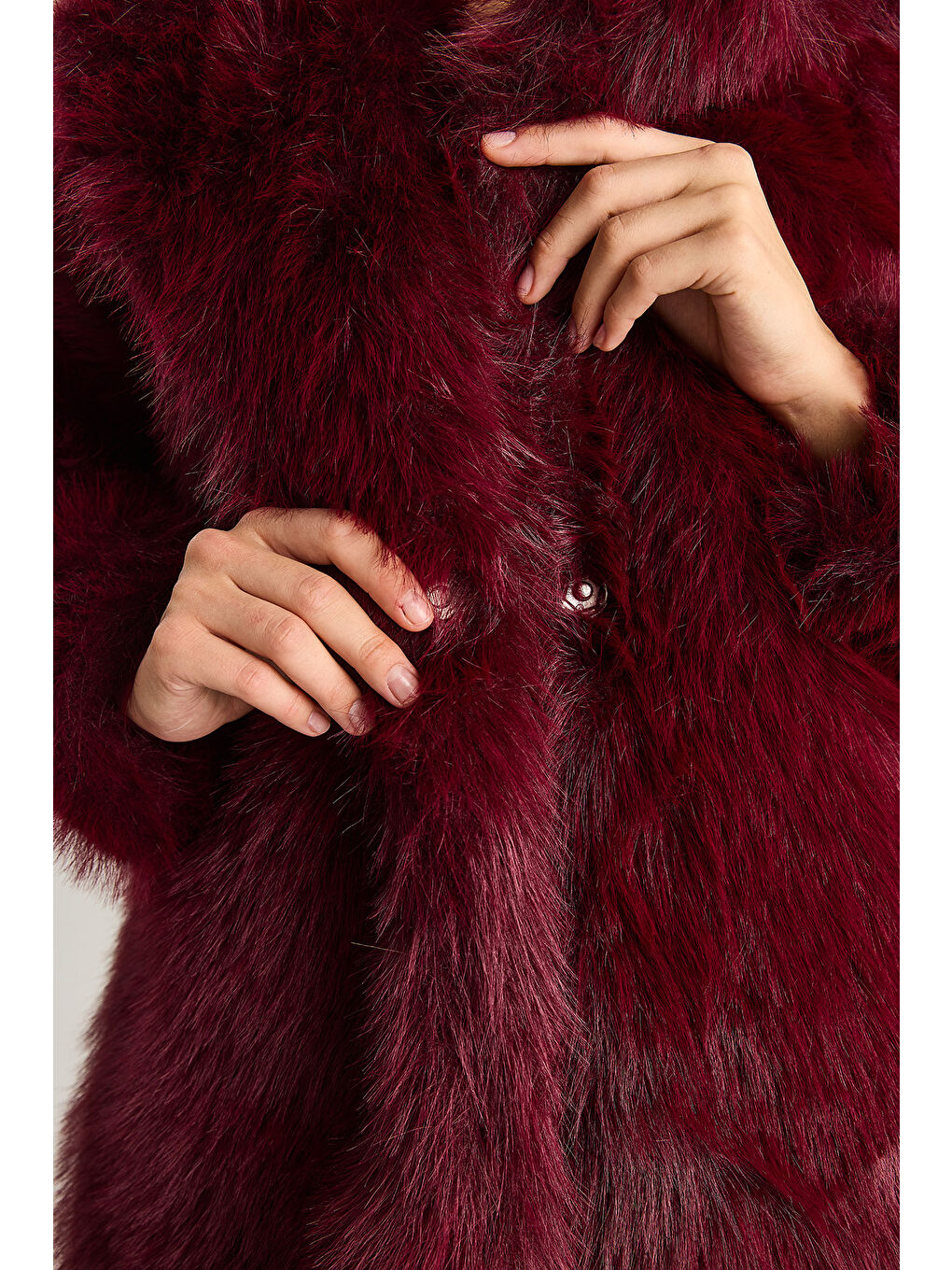 Bordo Kadın Premium Suni Uzun Kürk Ceket-6