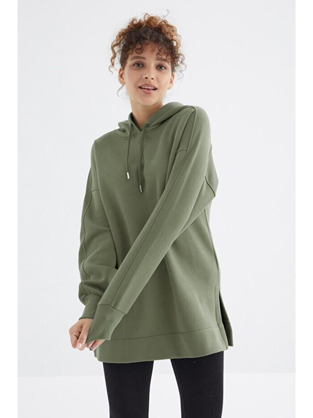 TOMMYLIFE Yeşil Çağla Reglan Kol Basic Kapüşonlu Oversize Tunik - 97242 - 2