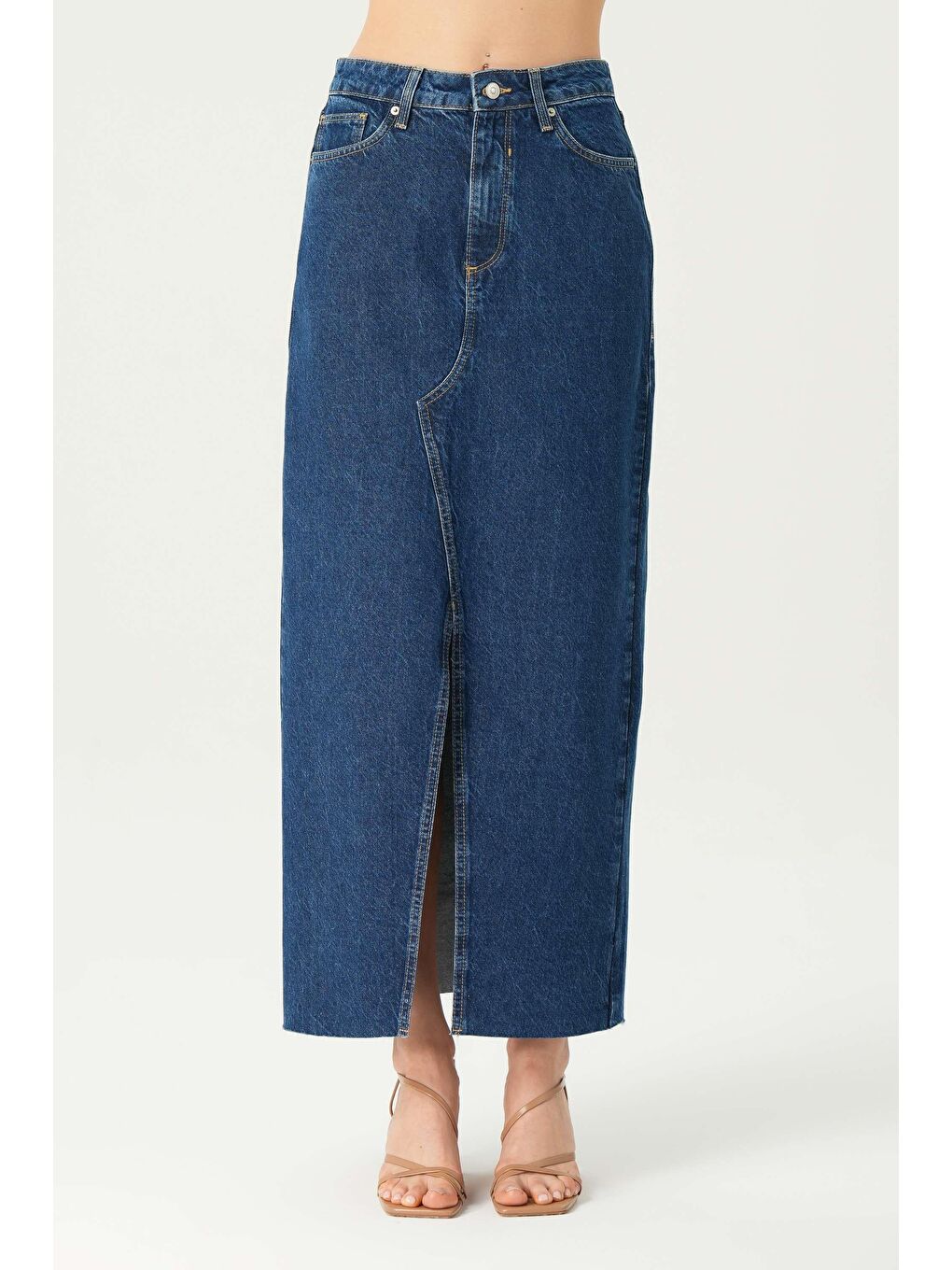 Koyu Mavi Yüksek Bel Patı Fermuarlı Yırtmaçlı Etek Ucu Kesik Maxi Jean Etek C 4532-051-1