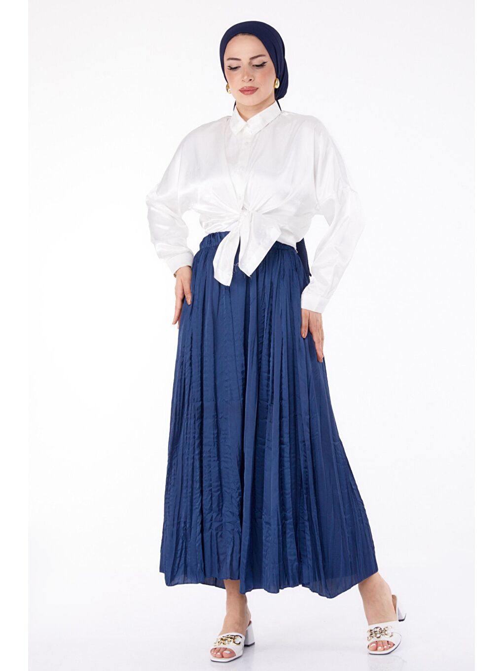 Orta Kadın Lacivert Piliseli Etek - 25679