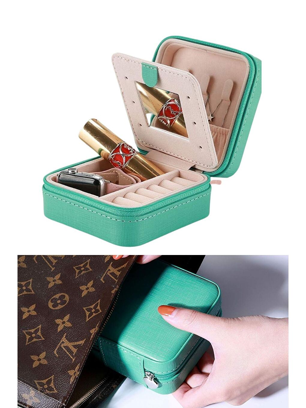 Seyahat Tipi Takı Mücevher Aksesuar Kutusu Organizer Düzenleyici Fermuarlı Yeşil 10x10x5