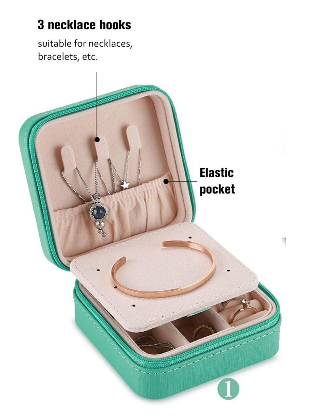 Seyahat Tipi Takı Mücevher Aksesuar Kutusu Organizer Düzenleyici Fermuarlı Yeşil 10x10x5-1