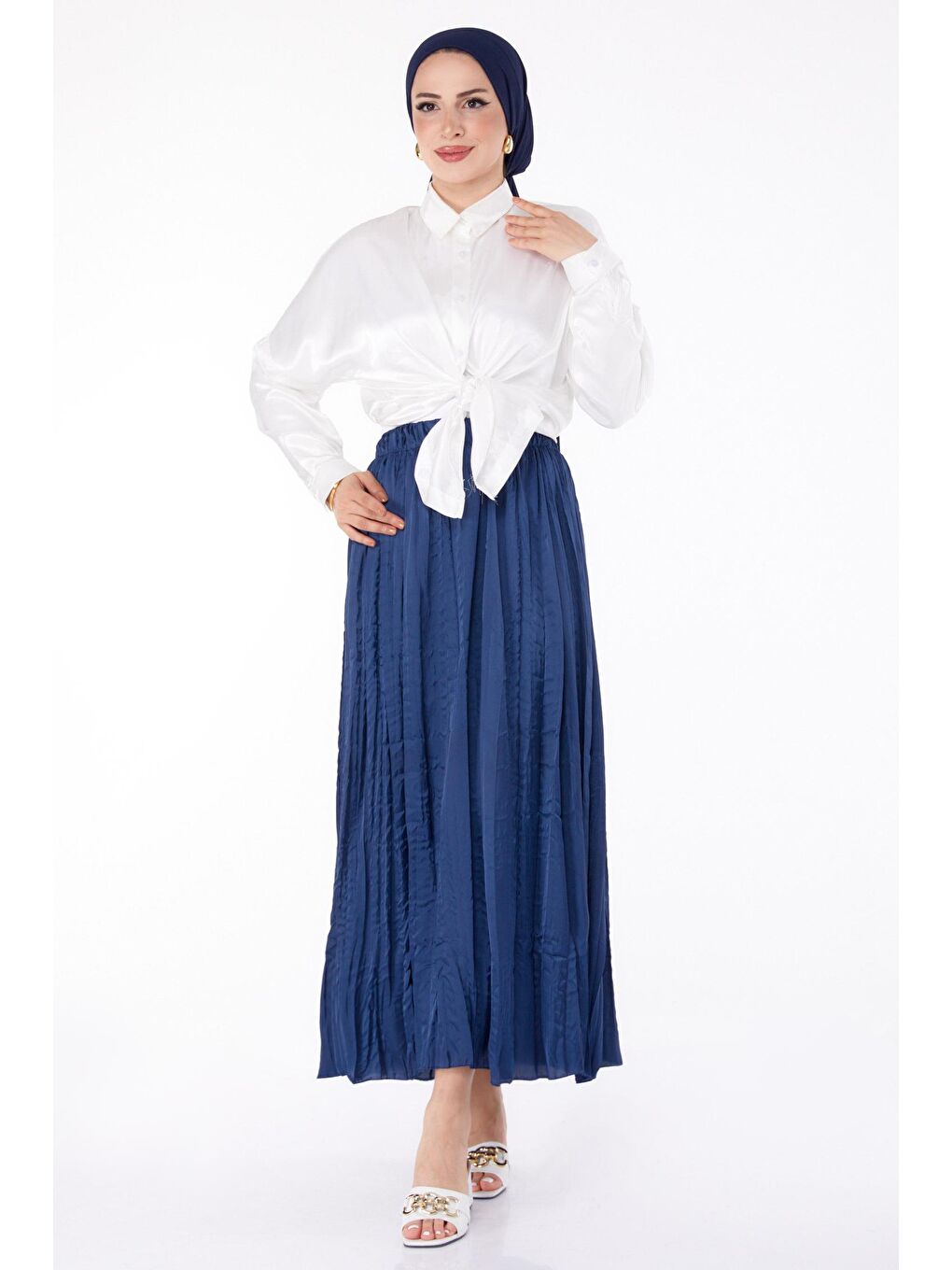 Orta Kadın Lacivert Piliseli Etek - 25679-1