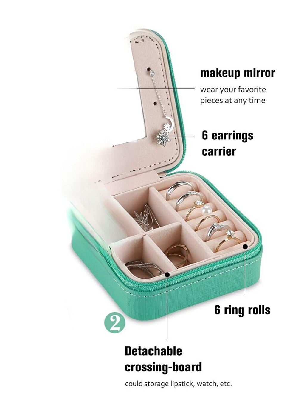 Seyahat Tipi Takı Mücevher Aksesuar Kutusu Organizer Düzenleyici Fermuarlı Yeşil 10x10x5-2