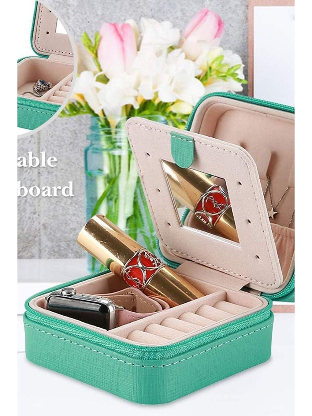 Seyahat Tipi Takı Mücevher Aksesuar Kutusu Organizer Düzenleyici Fermuarlı Yeşil 10x10x5-3