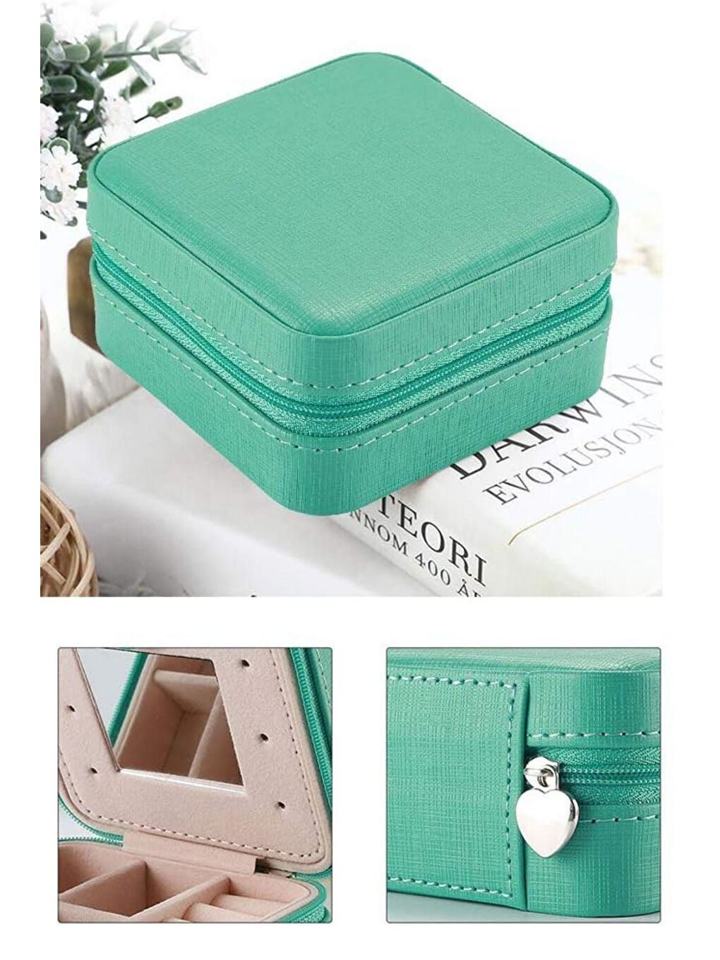 Seyahat Tipi Takı Mücevher Aksesuar Kutusu Organizer Düzenleyici Fermuarlı Yeşil 10x10x5-4