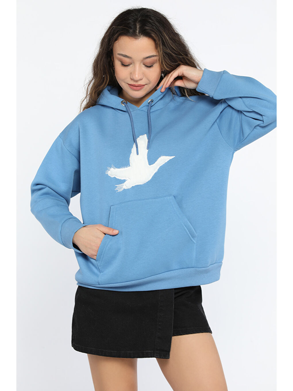 GÜLSELİ İndigo Kadın Kuş Nakışlı Kapüşonlu Şardonlu Sweatshirt - 1