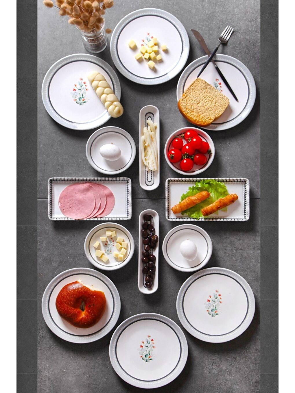 Beyaz 14 Parça 6 Kişilik Handmade İlkbahar Desen Kahvaltı Takımı   Lüx Kahvaltılık Sunum Seti