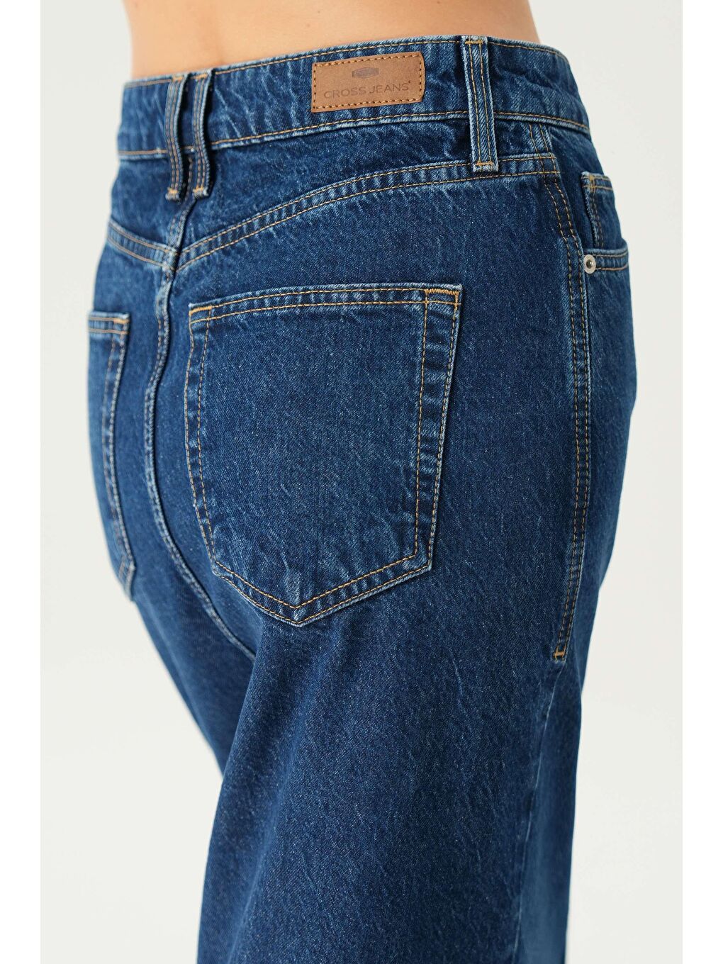 Koyu Mavi Yüksek Bel Patı Fermuarlı Yırtmaçlı Etek Ucu Kesik Maxi Jean Etek C 4532-051-4