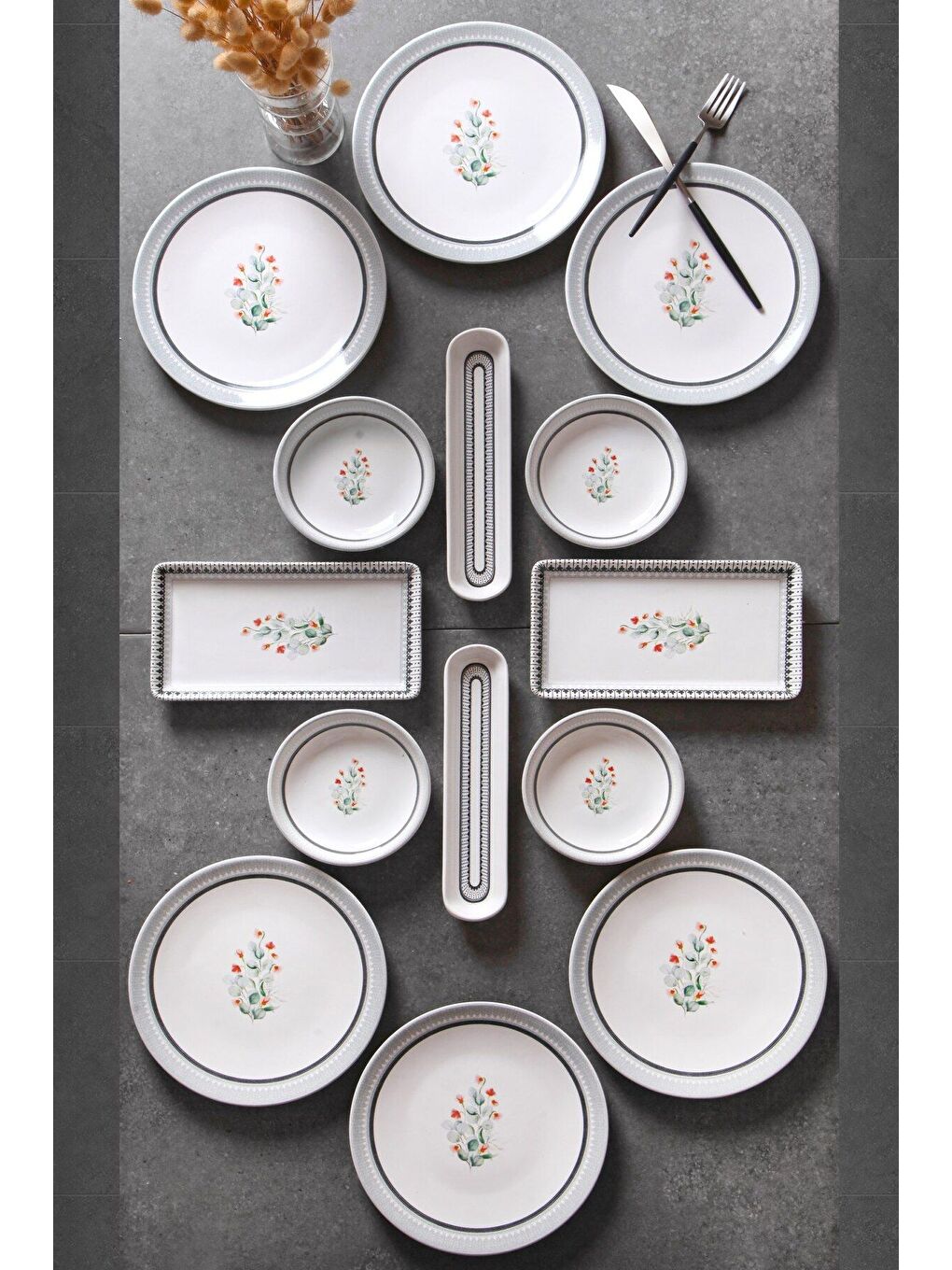 Beyaz 14 Parça 6 Kişilik Handmade İlkbahar Desen Kahvaltı Takımı   Lüx Kahvaltılık Sunum Seti-2