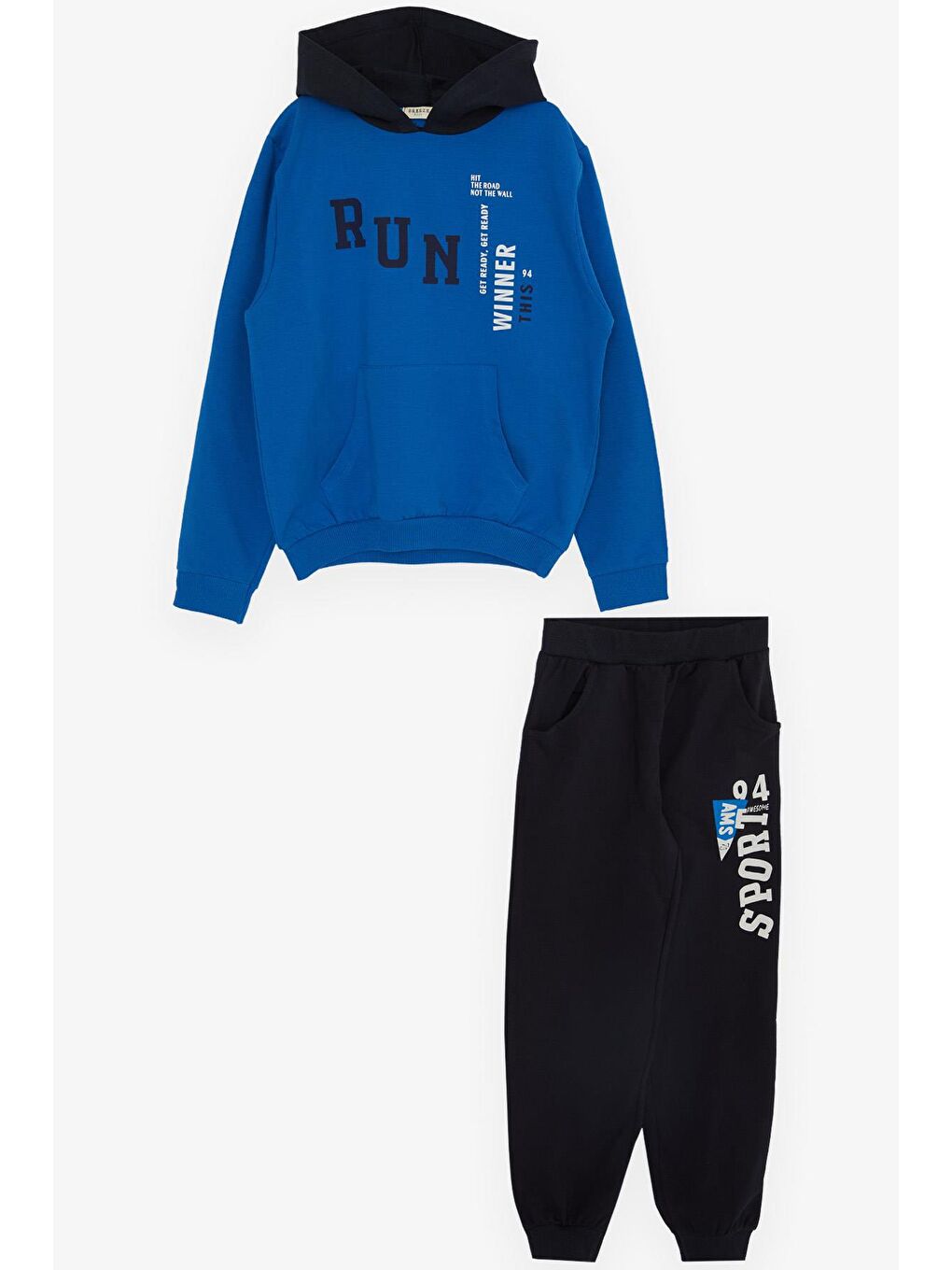 Erkek Çocuk Eşofman Takım Kapüşonlu Yazı Baskılı Saks Mavisi (5-10 Yaş)