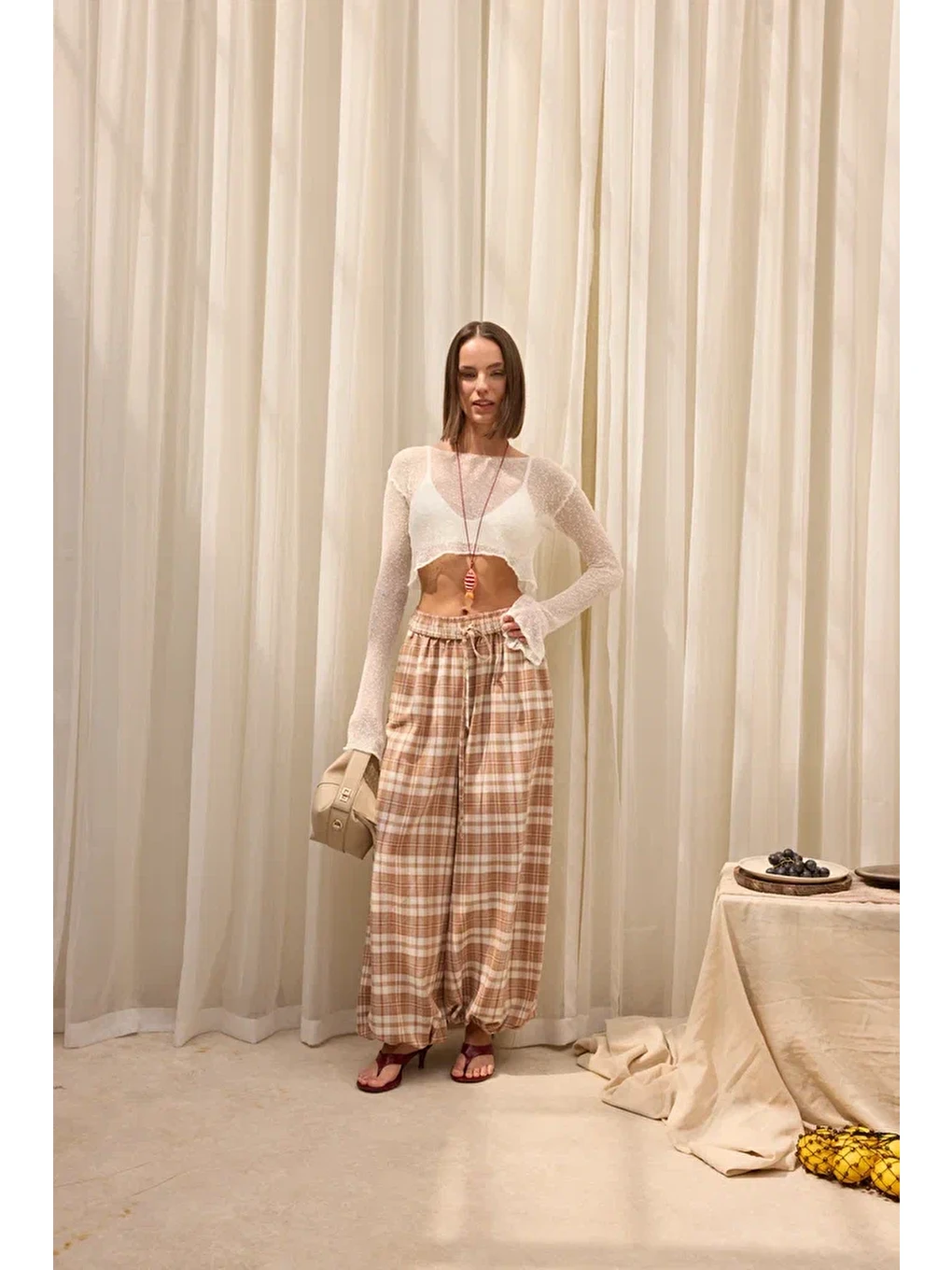 Jolene Ekoseli Bej Şalvar Pantolon-1