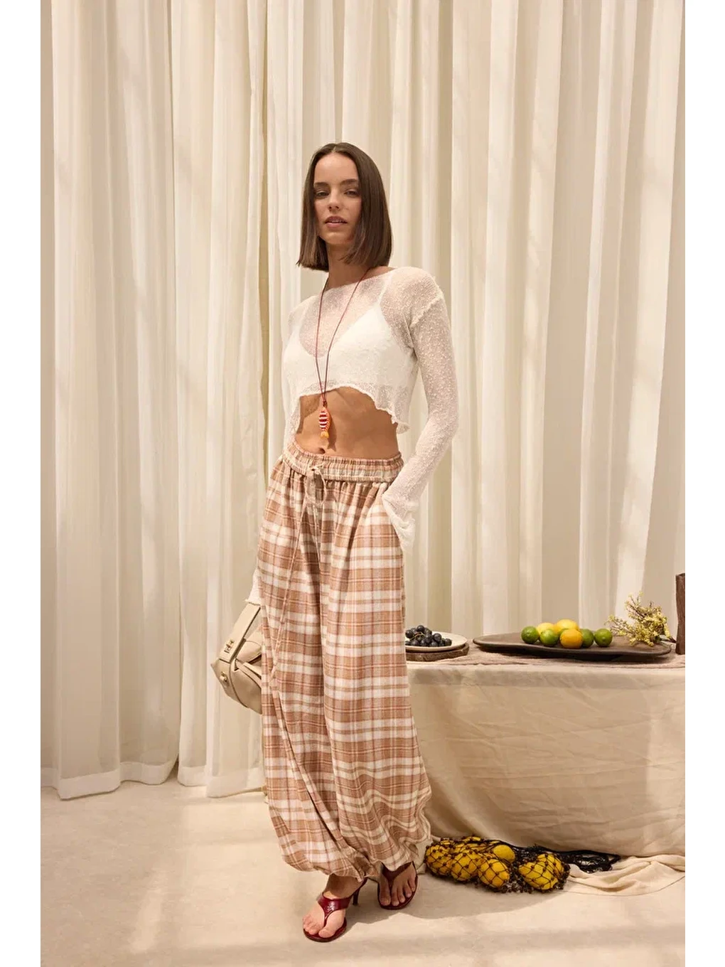 Jolene Ekoseli Bej Şalvar Pantolon-2