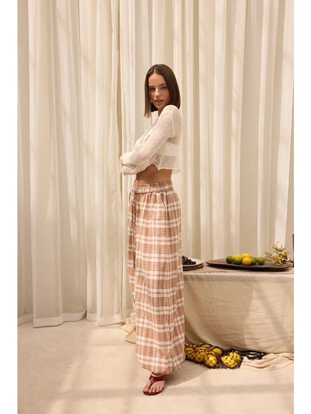 Jolene Ekoseli Bej Şalvar Pantolon-3